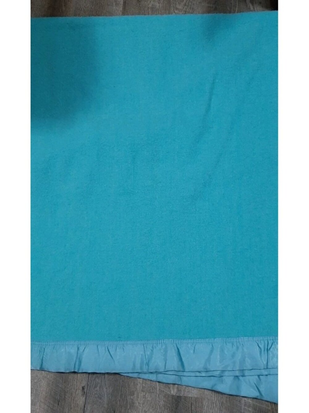 Vintage Kenwood Virgin Wool Satin Trim Teal Blanket RamCrest 76 X 80 In